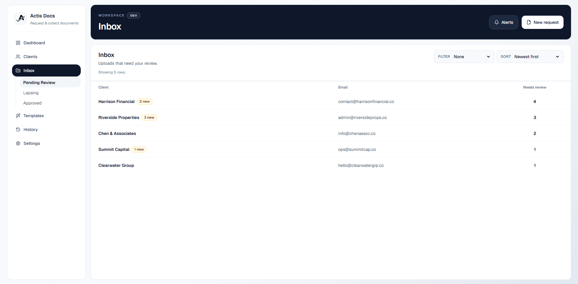 Actis Docs review inbox showing client uploads with approve and reject actions