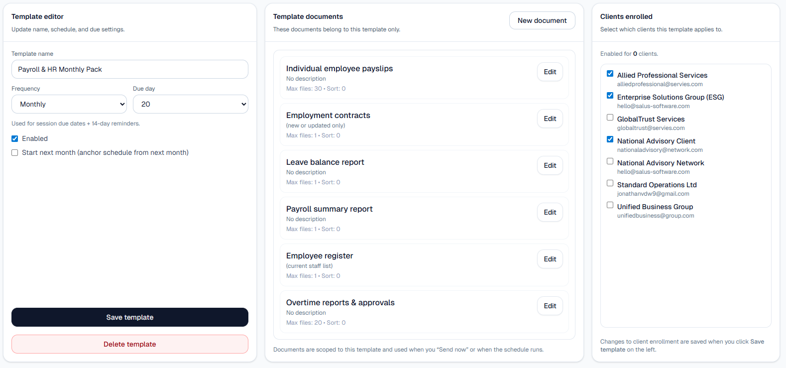 Actis Docs showing templates enabled per client