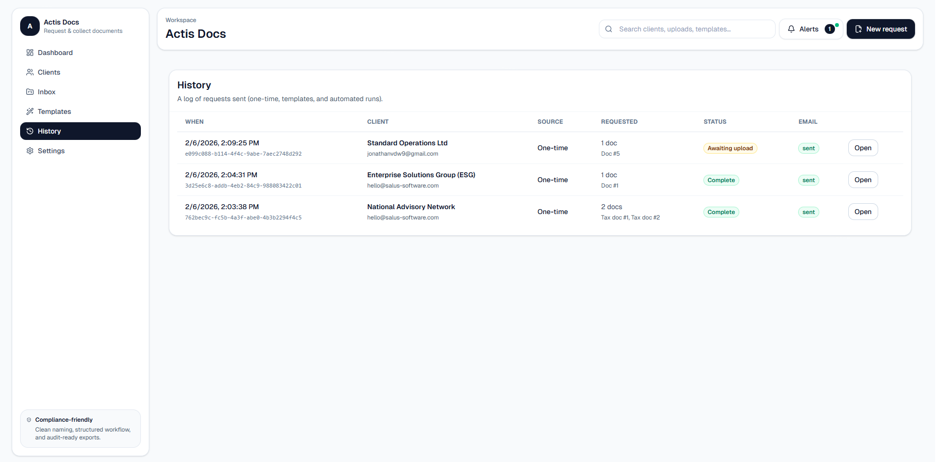 Actis Docs email notifications for received, approved, and reminders